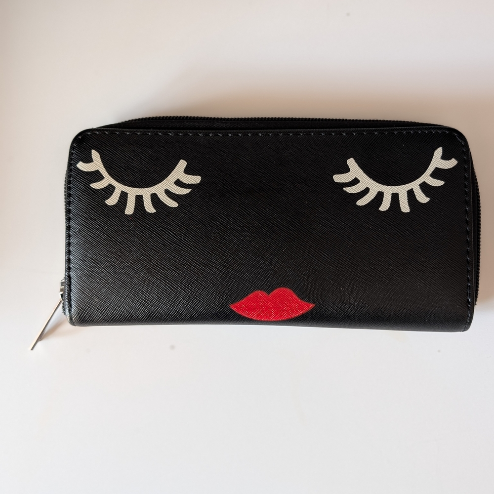 Black Zip Wallet with Red Lips and White Eyelash Detail